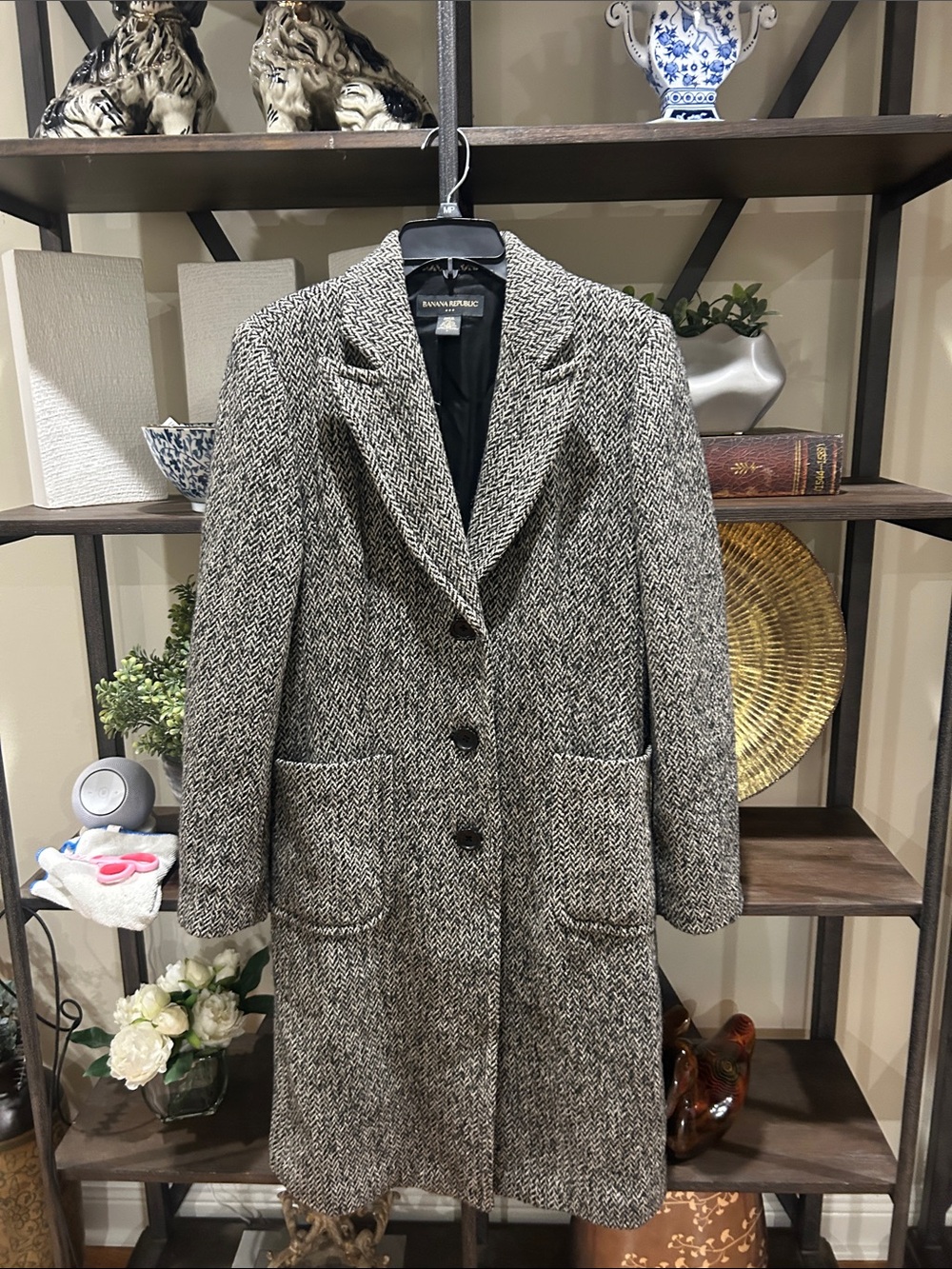 Banana Republic large Gray & Black Herringbone Wool-Blend Peacoat